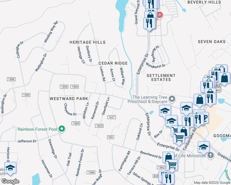 map of restaurants, bars, coffee shops, grocery stores, and more near 691 Laxton Road in Lynchburg