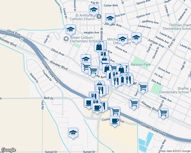 map of restaurants, bars, coffee shops, grocery stores, and more near 1800 Olive Avenue in Atwater