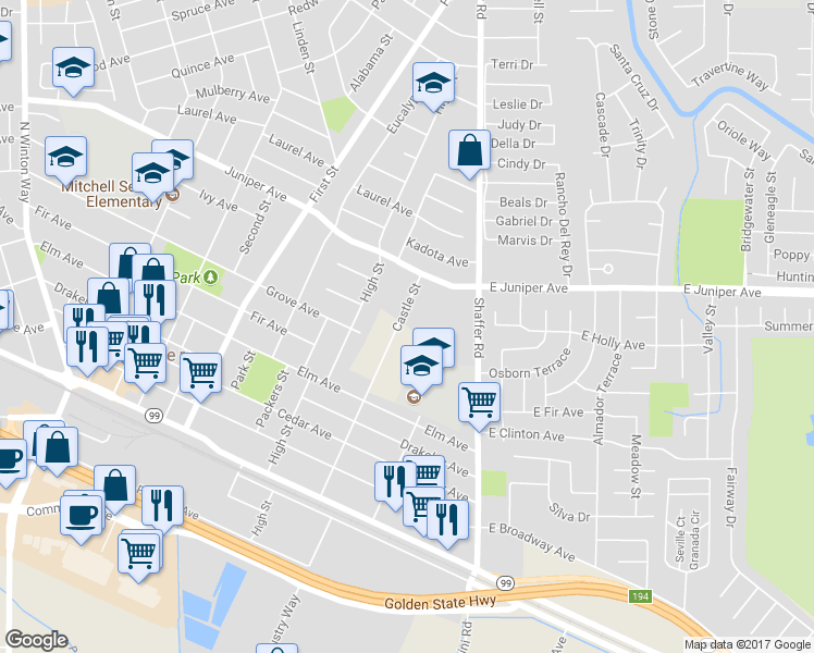 map of restaurants, bars, coffee shops, grocery stores, and more near 1686 Castle Street in Atwater