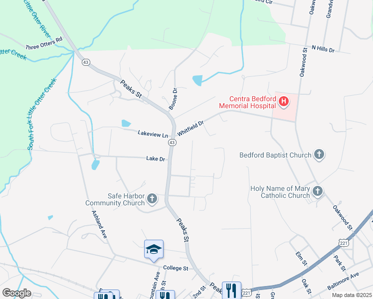 map of restaurants, bars, coffee shops, grocery stores, and more near 1123 Galax Street in Bedford