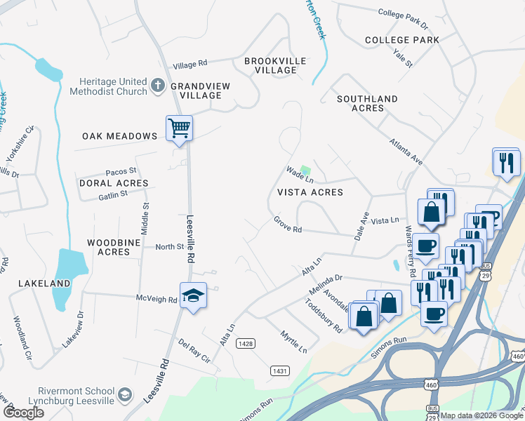 map of restaurants, bars, coffee shops, grocery stores, and more near 1213 Grove Road in Lynchburg