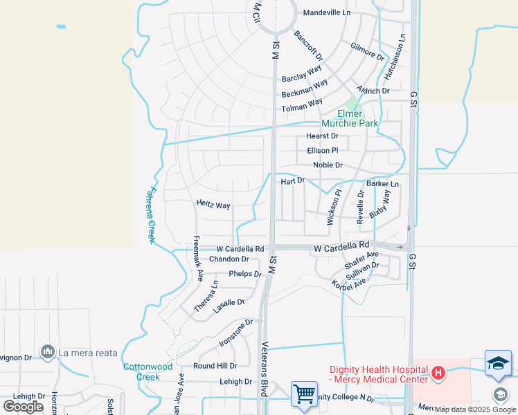 map of restaurants, bars, coffee shops, grocery stores, and more near 640 Heitz Court in Merced