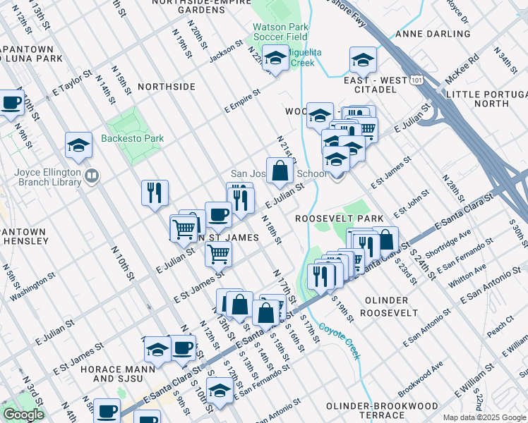 map of restaurants, bars, coffee shops, grocery stores, and more near 272 North 18th Street in San Jose