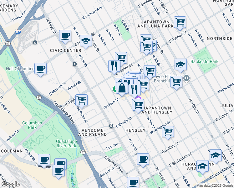 map of restaurants, bars, coffee shops, grocery stores, and more near 131 Jackson Street in San Jose