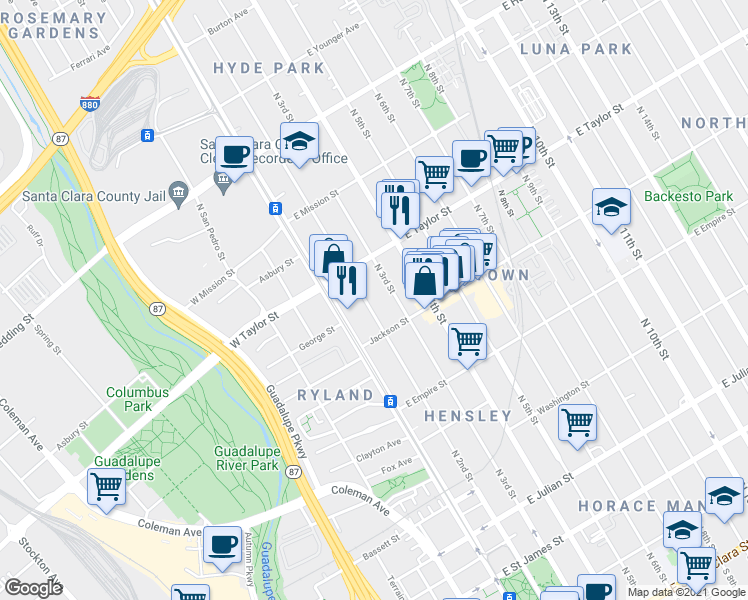 map of restaurants, bars, coffee shops, grocery stores, and more near 635 North 3rd Street in San Jose