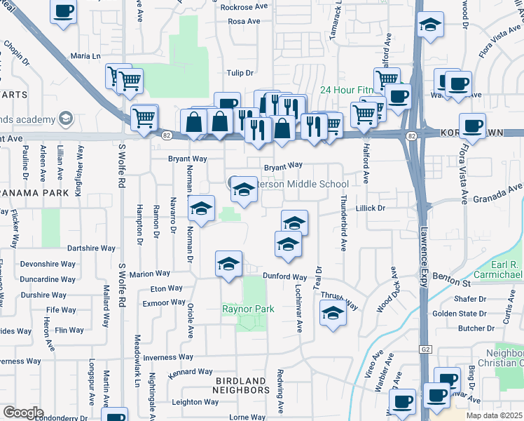 map of restaurants, bars, coffee shops, grocery stores, and more near 1030 Castleton Terrace in Sunnyvale