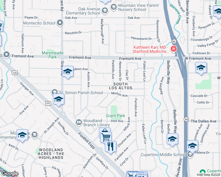 map of restaurants, bars, coffee shops, grocery stores, and more near 1502 Ben Roe Drive in Los Altos