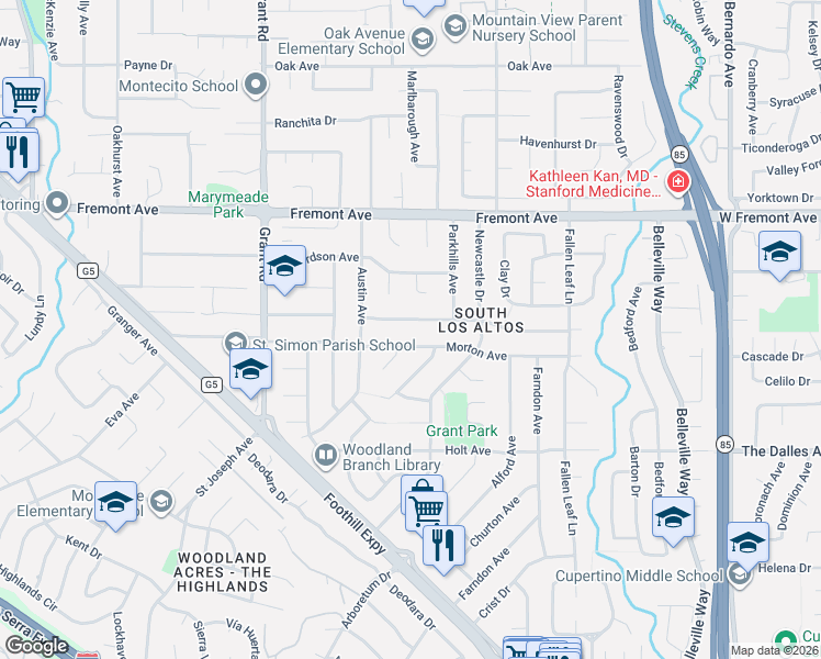 map of restaurants, bars, coffee shops, grocery stores, and more near 1502 Ben Roe Drive in Los Altos