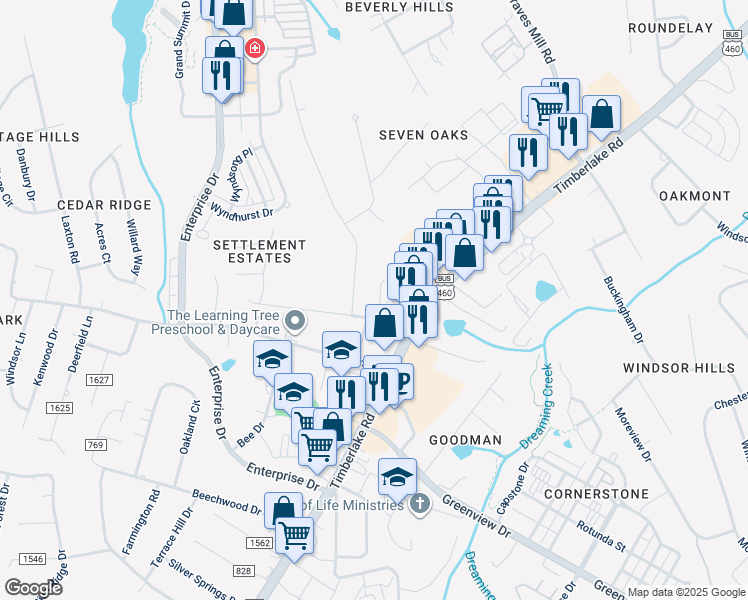 map of restaurants, bars, coffee shops, grocery stores, and more near 1100 Wood Road in Lynchburg