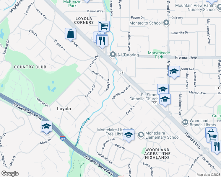 map of restaurants, bars, coffee shops, grocery stores, and more near 932 Lundy Lane in Los Altos