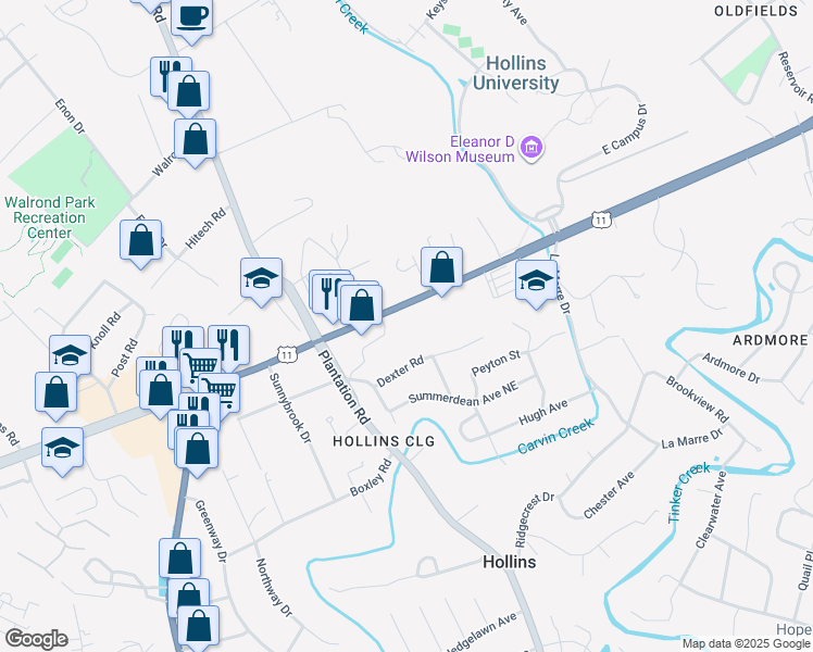 map of restaurants, bars, coffee shops, grocery stores, and more near 7637 Williamson Road in Hollins