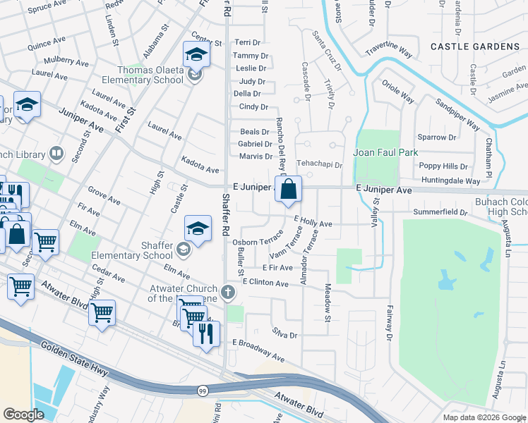 map of restaurants, bars, coffee shops, grocery stores, and more near 1806 Clark Terrace in Atwater
