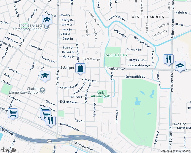 map of restaurants, bars, coffee shops, grocery stores, and more near 542 Curtis Ct in Atwater