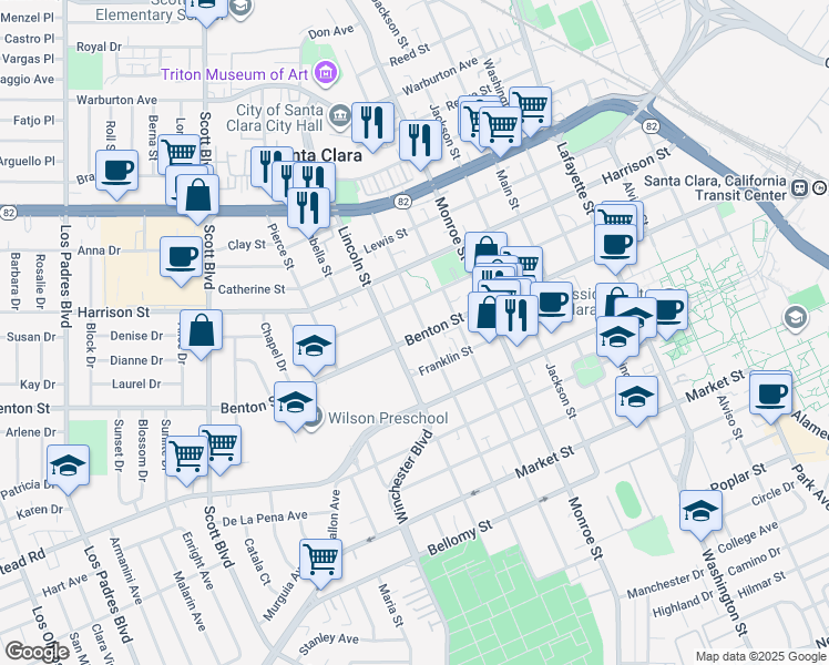 map of restaurants, bars, coffee shops, grocery stores, and more near 1525 Benton Street in Santa Clara