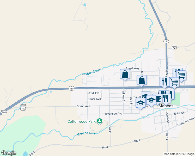 map of restaurants, bars, coffee shops, grocery stores, and more near 40892 U.S. 160 in Mancos
