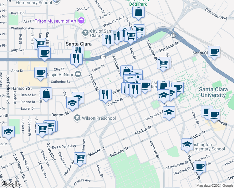 map of restaurants, bars, coffee shops, grocery stores, and more near 1080 Madison Street in Santa Clara