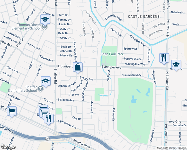 map of restaurants, bars, coffee shops, grocery stores, and more near 562 Curtis Court in Atwater