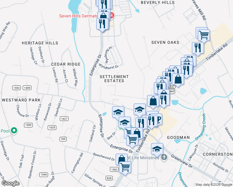 map of restaurants, bars, coffee shops, grocery stores, and more near 1318 Wood Road in Lynchburg