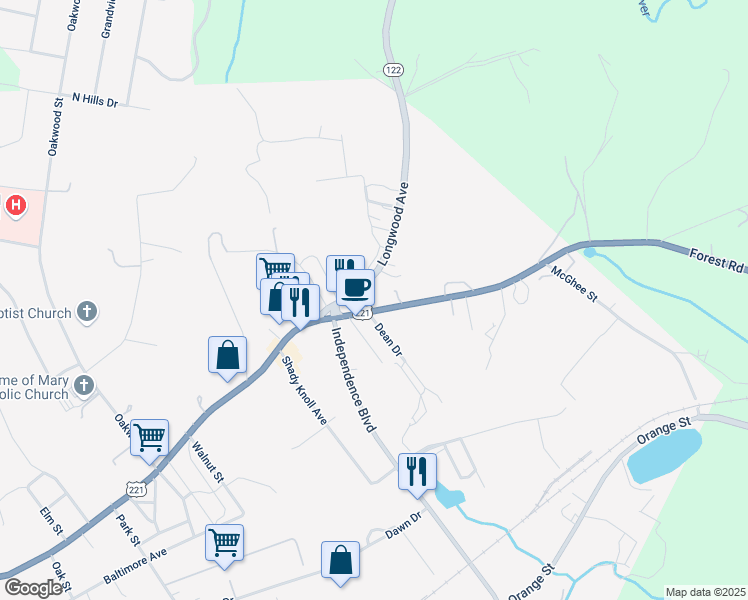 map of restaurants, bars, coffee shops, grocery stores, and more near 1629 Forest Road in Bedford