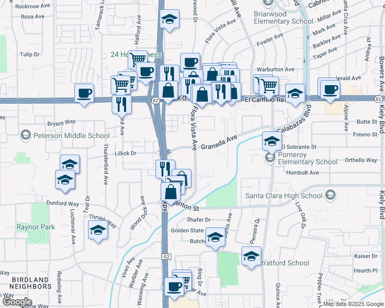 map of restaurants, bars, coffee shops, grocery stores, and more near 13 Flora Vista Avenue in Santa Clara