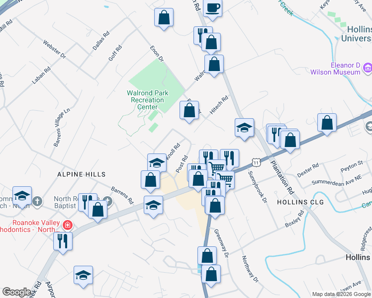 map of restaurants, bars, coffee shops, grocery stores, and more near 215 Post Road in Hollins