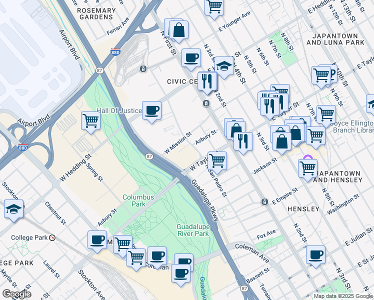 map of restaurants, bars, coffee shops, grocery stores, and more near 174 Asbury Street in San Jose