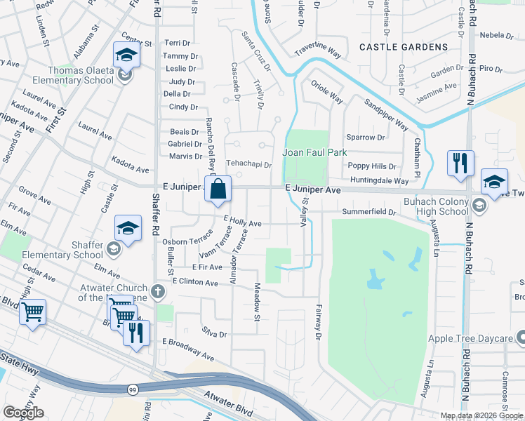 map of restaurants, bars, coffee shops, grocery stores, and more near 562 Curtis Court in Atwater