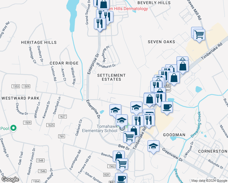 map of restaurants, bars, coffee shops, grocery stores, and more near 1314 Wood Road in Lynchburg