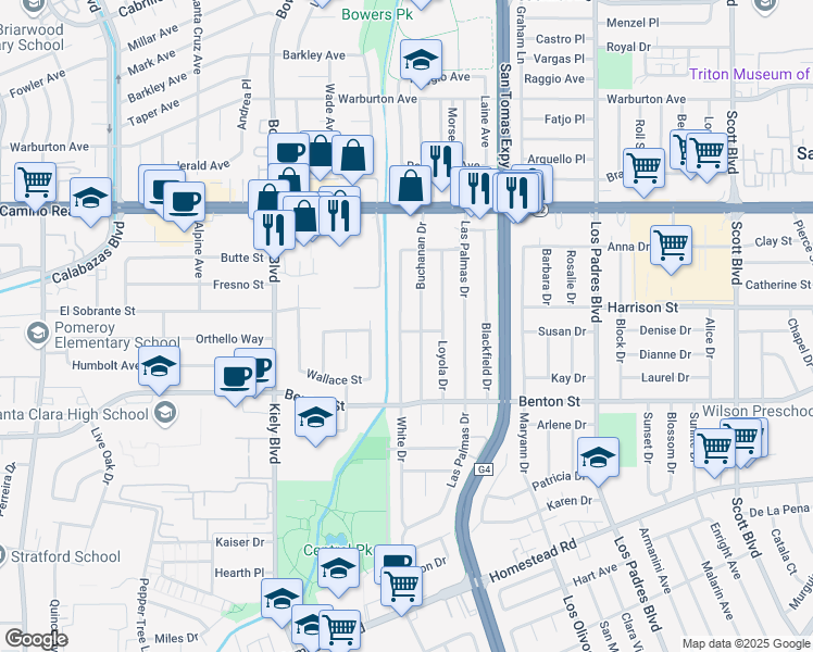 map of restaurants, bars, coffee shops, grocery stores, and more near 1237 White Drive in Santa Clara