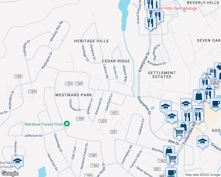 map of restaurants, bars, coffee shops, grocery stores, and more near 791 Laxton Road in Lynchburg