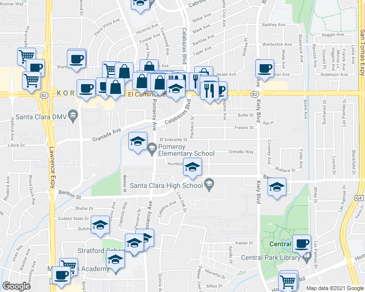 map of restaurants, bars, coffee shops, grocery stores, and more near 3181 Orthello Way in Santa Clara
