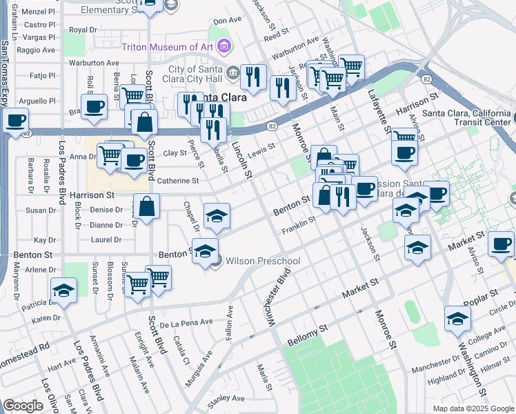 map of restaurants, bars, coffee shops, grocery stores, and more near 1156 Lincoln Street in Santa Clara