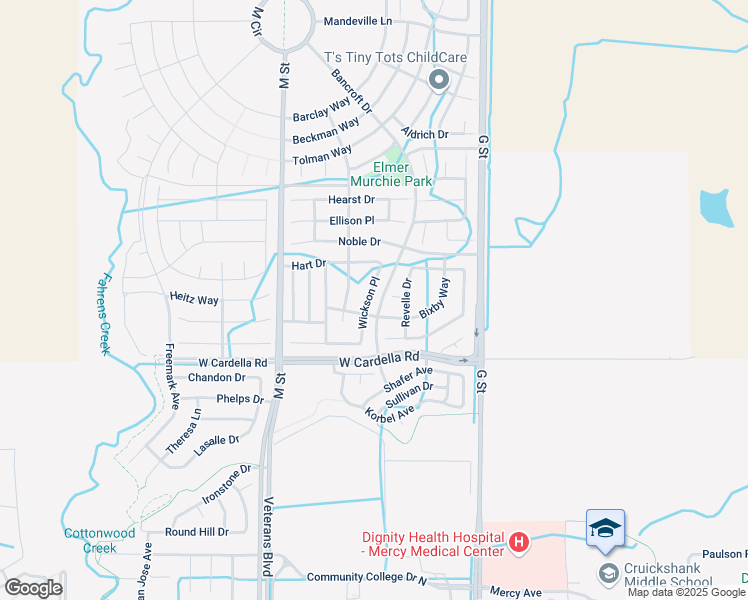 map of restaurants, bars, coffee shops, grocery stores, and more near 4346 Wickson Place in Merced