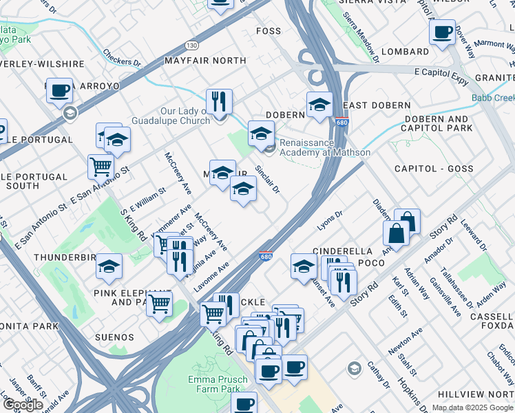 map of restaurants, bars, coffee shops, grocery stores, and more near 625 South Sunset Avenue in San Jose