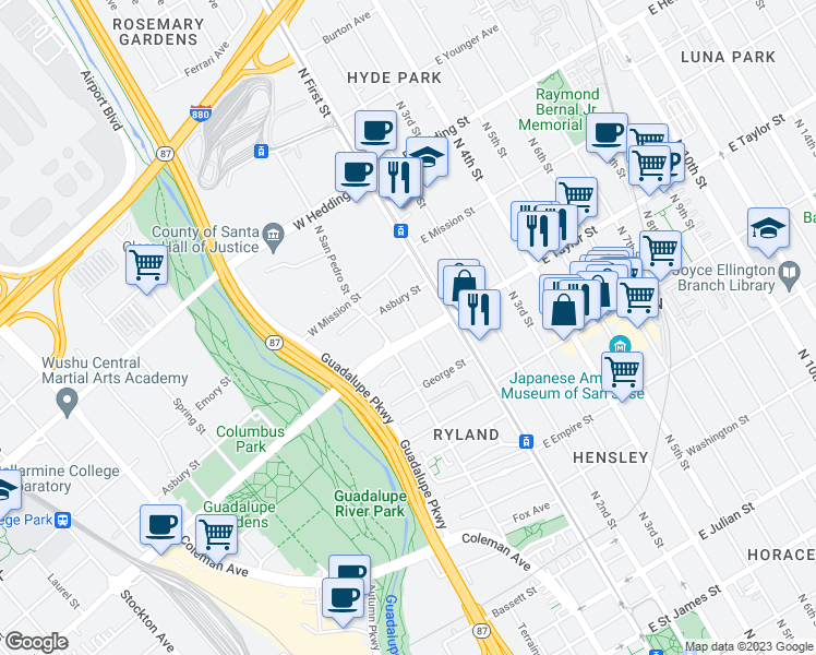 map of restaurants, bars, coffee shops, grocery stores, and more near 701 Miller Street in San Jose