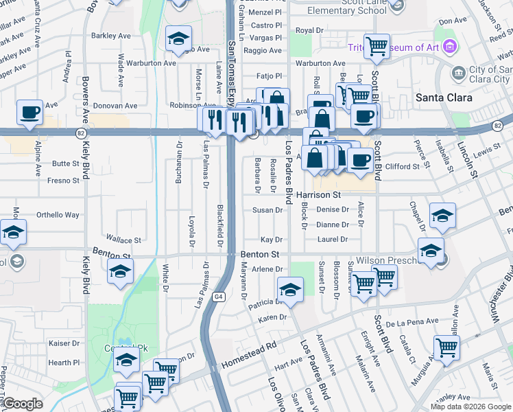 map of restaurants, bars, coffee shops, grocery stores, and more near 2358 Susan Drive in Santa Clara