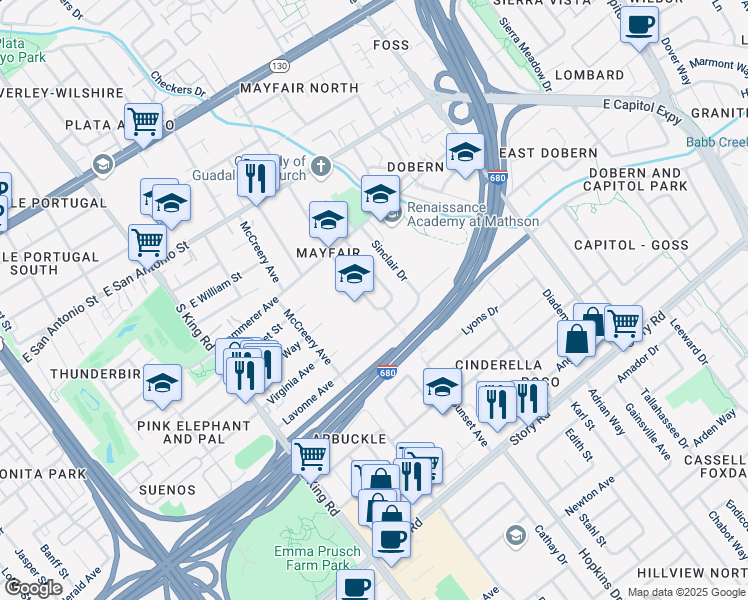 map of restaurants, bars, coffee shops, grocery stores, and more near 625 South Sunset Avenue in San Jose