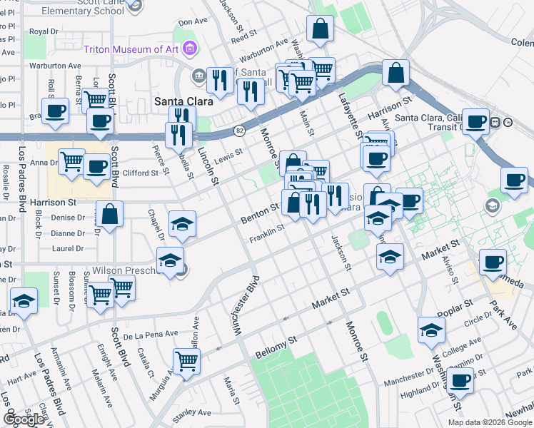 map of restaurants, bars, coffee shops, grocery stores, and more near 1080 Madison Street in Santa Clara