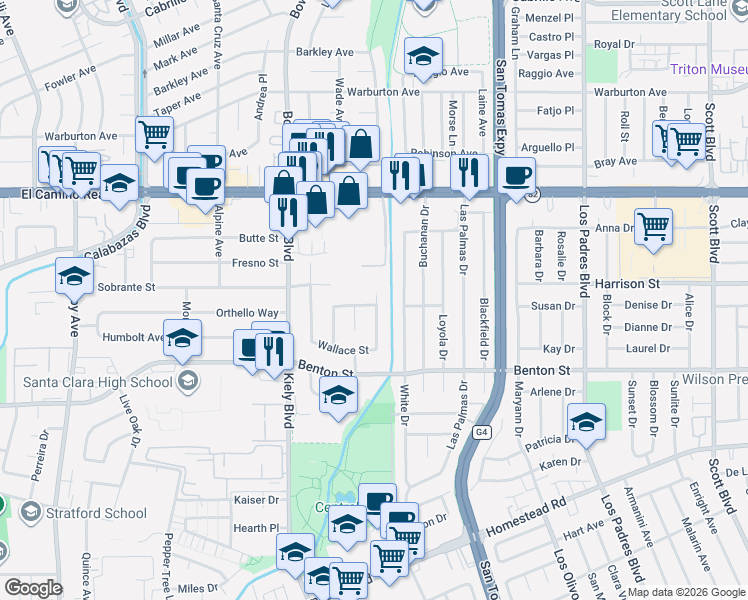map of restaurants, bars, coffee shops, grocery stores, and more near 1232 Foley Avenue in Santa Clara