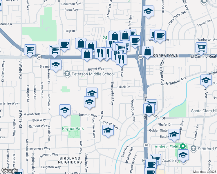 map of restaurants, bars, coffee shops, grocery stores, and more near 1132 Lillick Drive in Sunnyvale