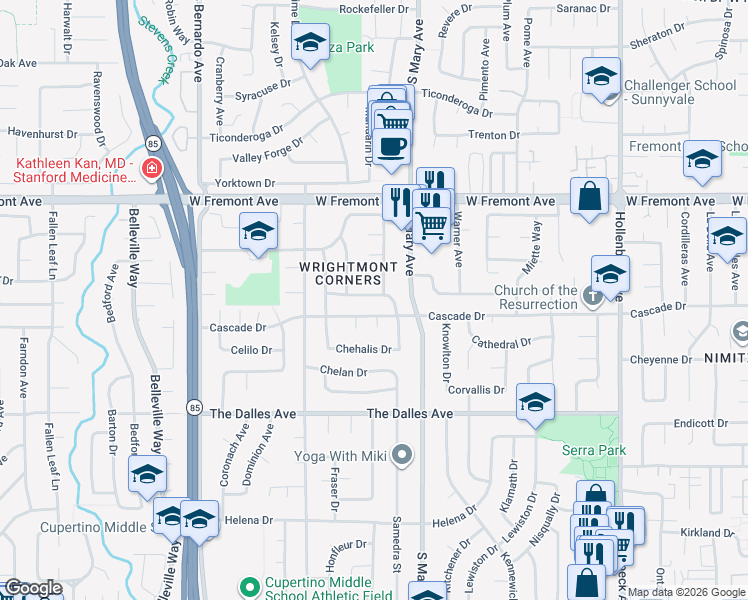 map of restaurants, bars, coffee shops, grocery stores, and more near 917 Cascade Drive in Sunnyvale