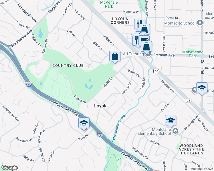 map of restaurants, bars, coffee shops, grocery stores, and more near 778 Loyola Drive in Los Altos