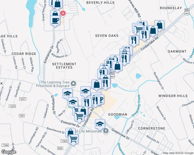 map of restaurants, bars, coffee shops, grocery stores, and more near 8127 Timberlake Road in Lynchburg