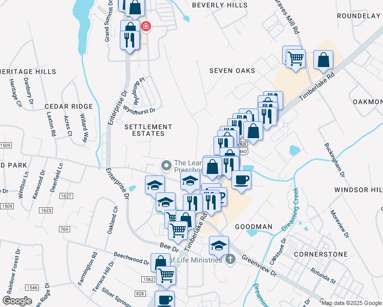 map of restaurants, bars, coffee shops, grocery stores, and more near 1204 Wood Road in Lynchburg