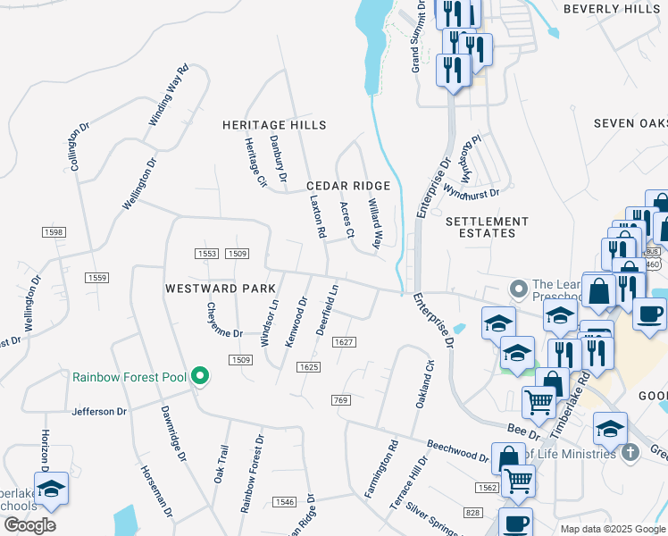 map of restaurants, bars, coffee shops, grocery stores, and more near 791 Laxton Road in Lynchburg