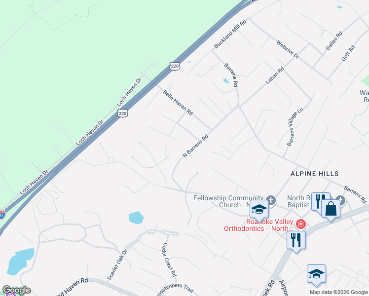 map of restaurants, bars, coffee shops, grocery stores, and more near 6238 N Barrens Rd in Roanoke