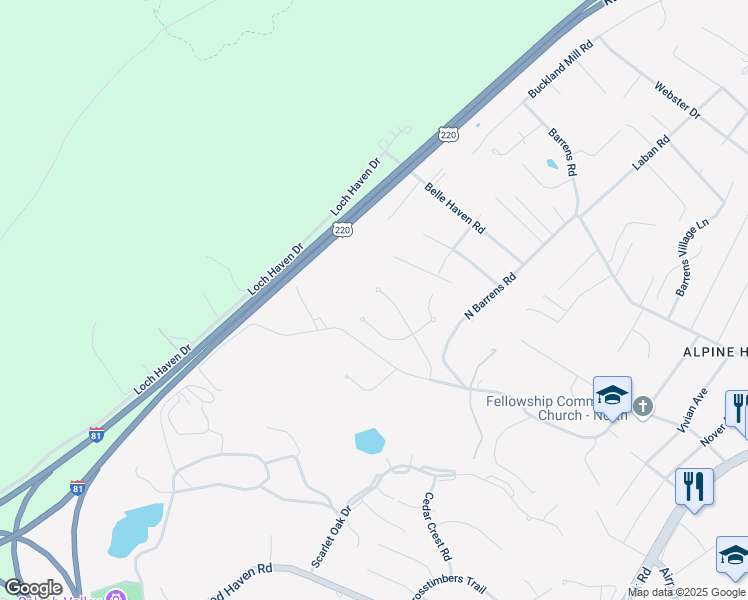 map of restaurants, bars, coffee shops, grocery stores, and more near 8358 Cardington Drive in Roanoke