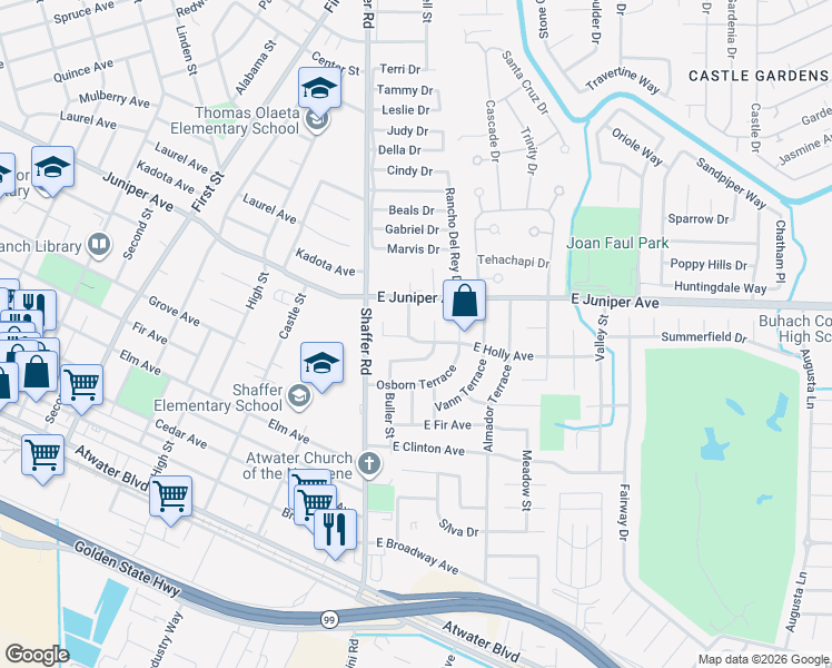 map of restaurants, bars, coffee shops, grocery stores, and more near 1806 Clark Terrace in Atwater