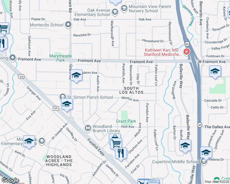 map of restaurants, bars, coffee shops, grocery stores, and more near 1502 Ben Roe Drive in Los Altos