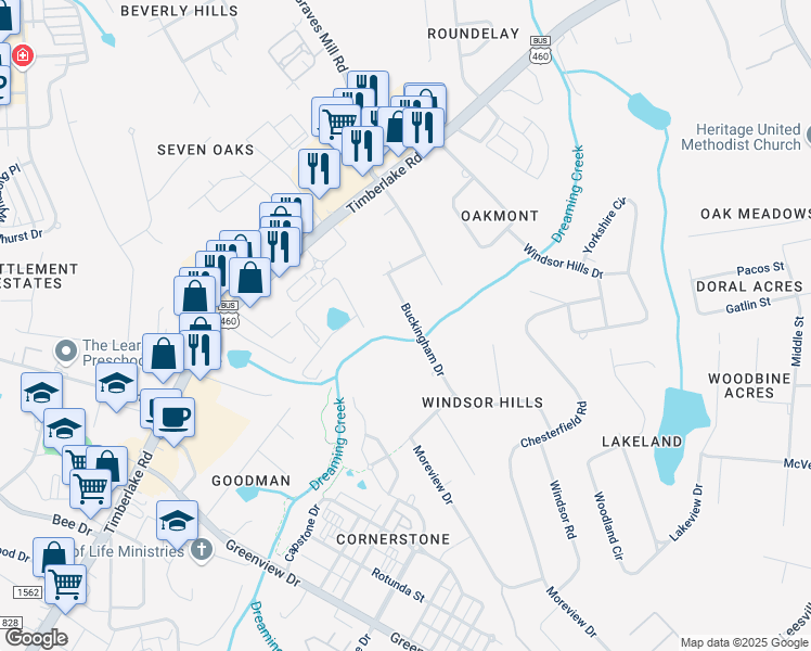 map of restaurants, bars, coffee shops, grocery stores, and more near 111 Buckingham Drive in Lynchburg